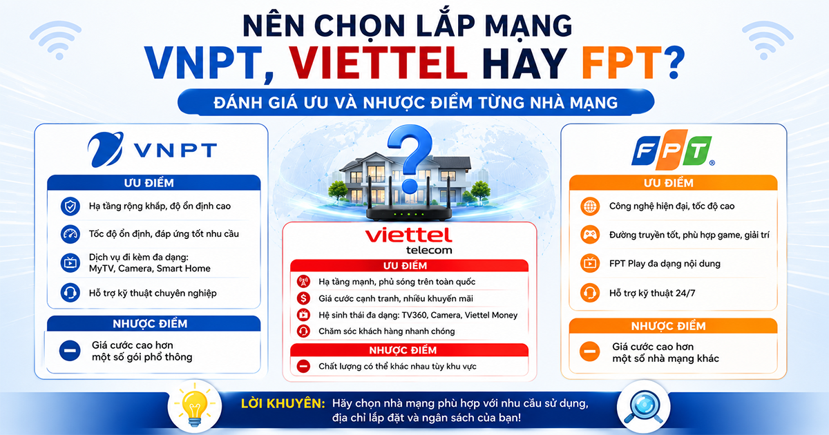 N&ecirc;n chọn lắp mạng VNPT, Viettel hay FPT? Đ&aacute;nh gi&aacute; ưu v&agrave; nhược điểm từng nh&agrave; mạng